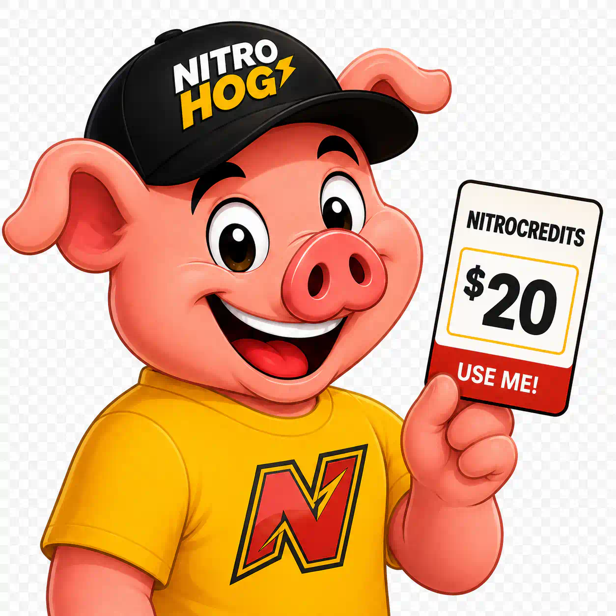 Nitro Hog holding a sample NitroCredits voucher